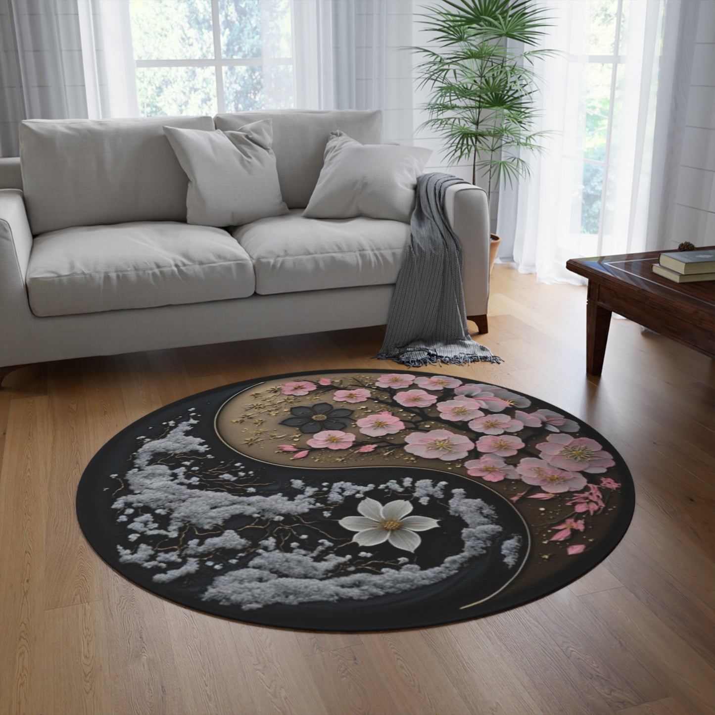 Japanese Blossom Yin and Yang Round Rug Designs by Nadiyah